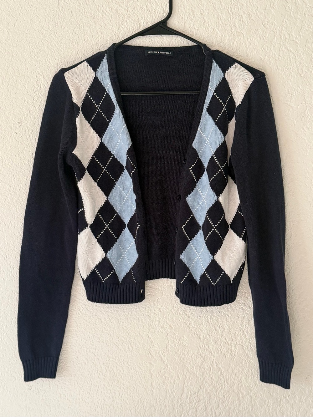 Brandy Melville Navy Argyle Knit Cardigan with Light Blue & White